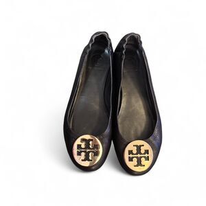 Tory Burch Black Leather Ballet Flats Gold Logo Women’s 7.5 Reva Style coquette